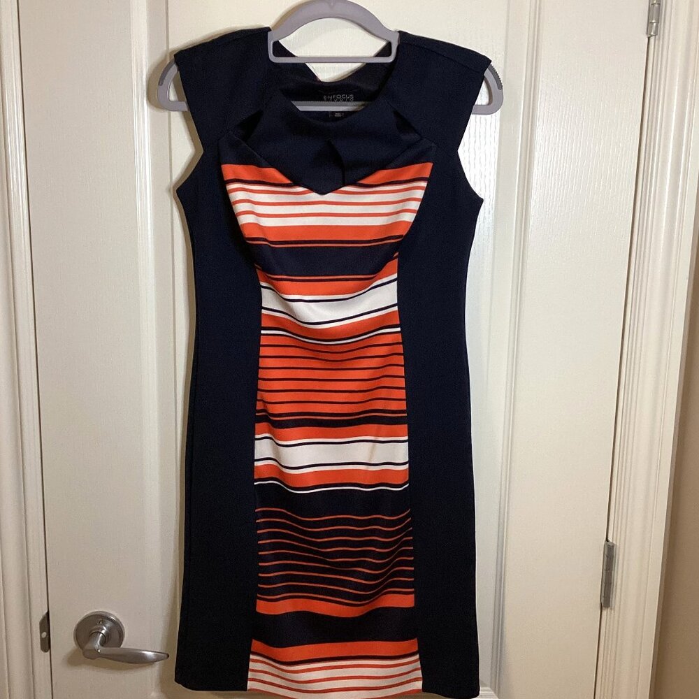Enfocus Studio Women's Dress Business Work Classis Fitted Blue Orange Strips